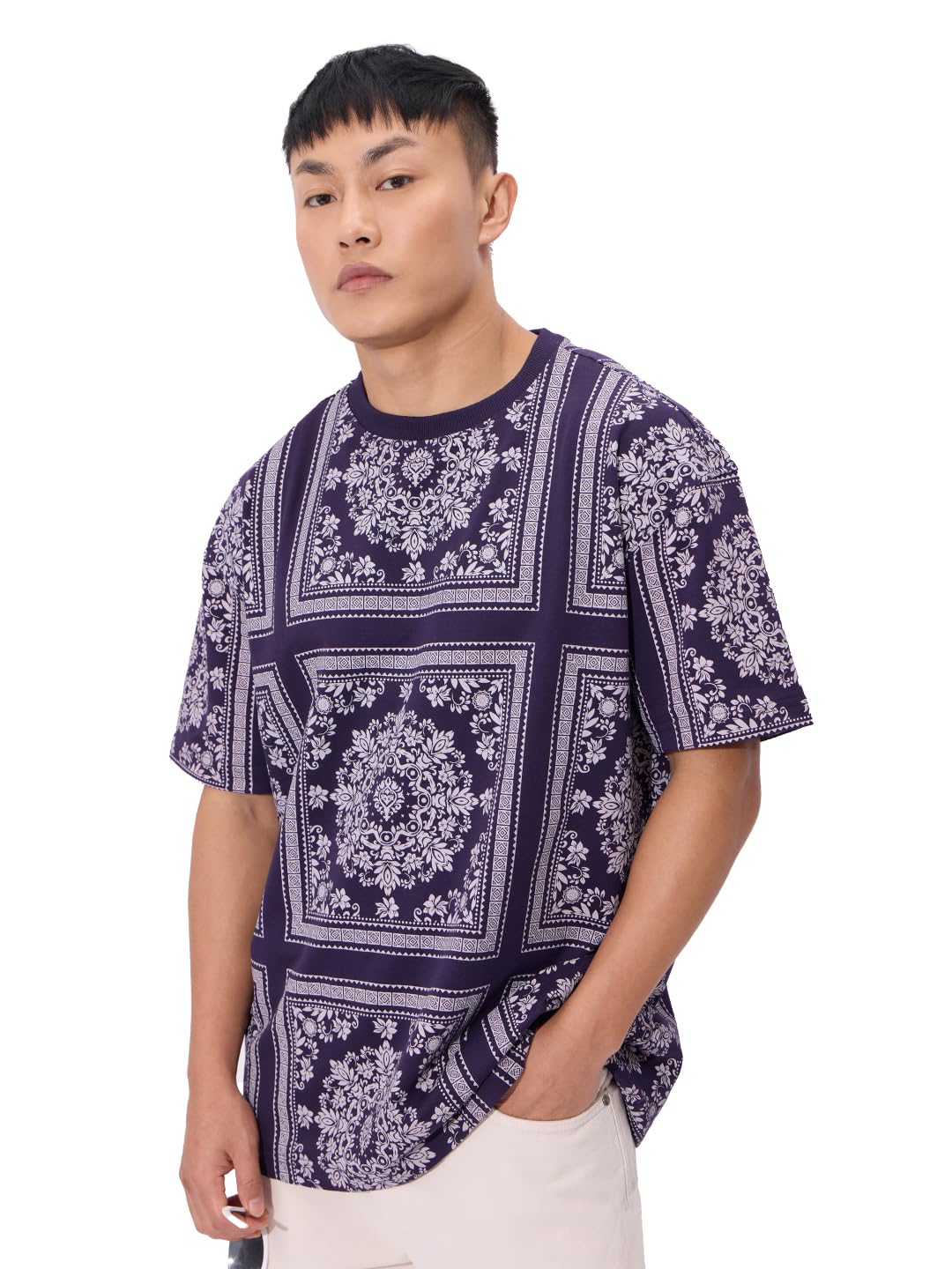 The Souled Store Cosmic Bandana Men and Boys Short Sleeves Round Neck Purple All Over Printed Cotton Oversized T-Shirts