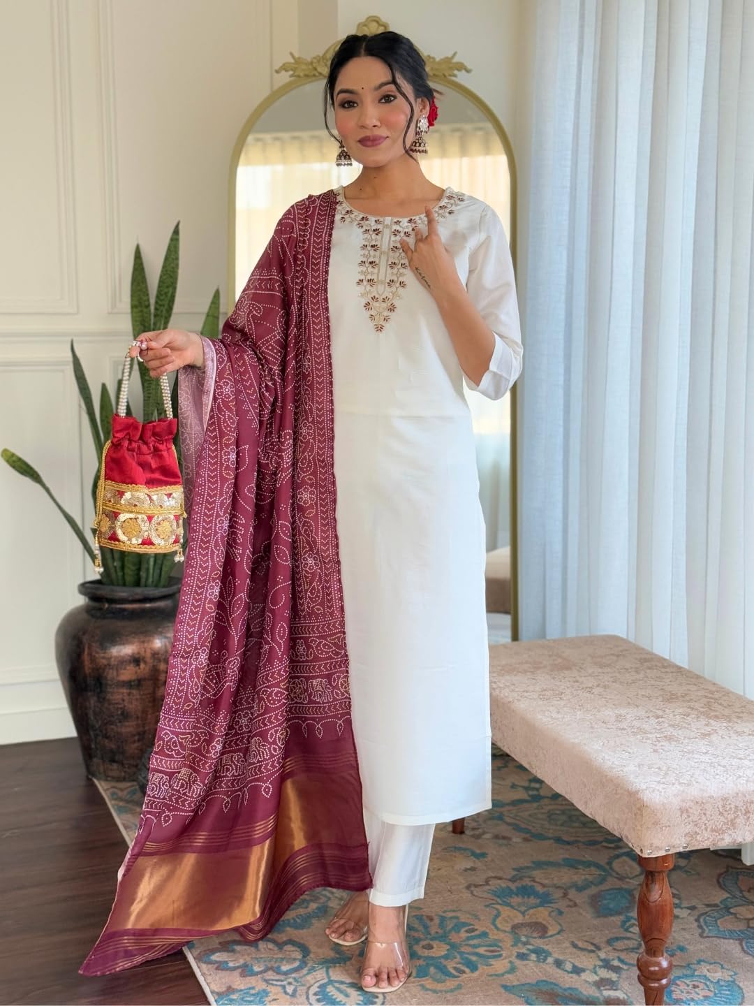 Naixa WomenS Off White Roman Embroidered Straight Kurta With Roman Silk Pant And Silk Printed Dupatta Sets (Nx-M-Manvi-Offwhite