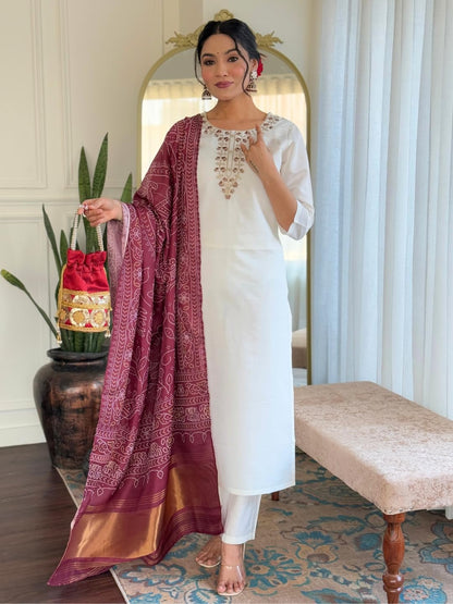 Naixa WomenS Off White Roman Embroidered Straight Kurta With Roman Silk Pant And Silk Printed Dupatta Sets (Nx-M-Manvi-Offwhite