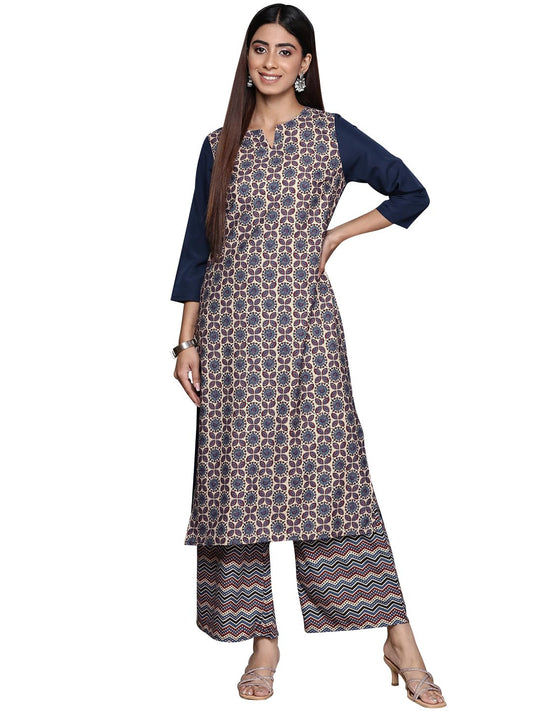 ZIYAA Women's Blue Crepe Straight Kurta and Palazzo Set