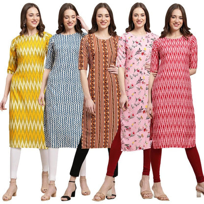 Pinkmint Crepe Digital Printed Kurti For Womens Straight Kurti For Women (Pack Of 5)