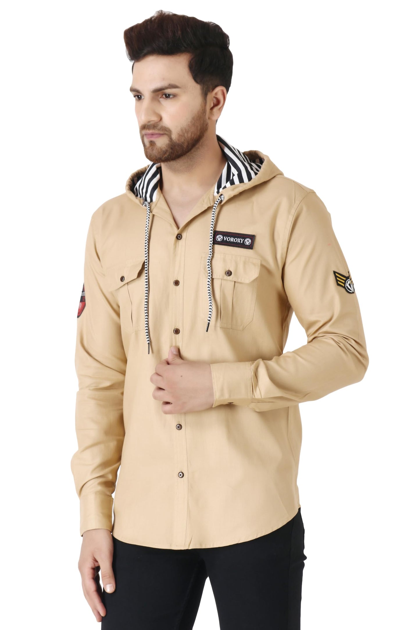 Besix MenS Brown Tailored Fit Cotton Blend Shirt For Man With Hoodie - Casual Long Sleeve Shirt With Pockets - Patch Detail For