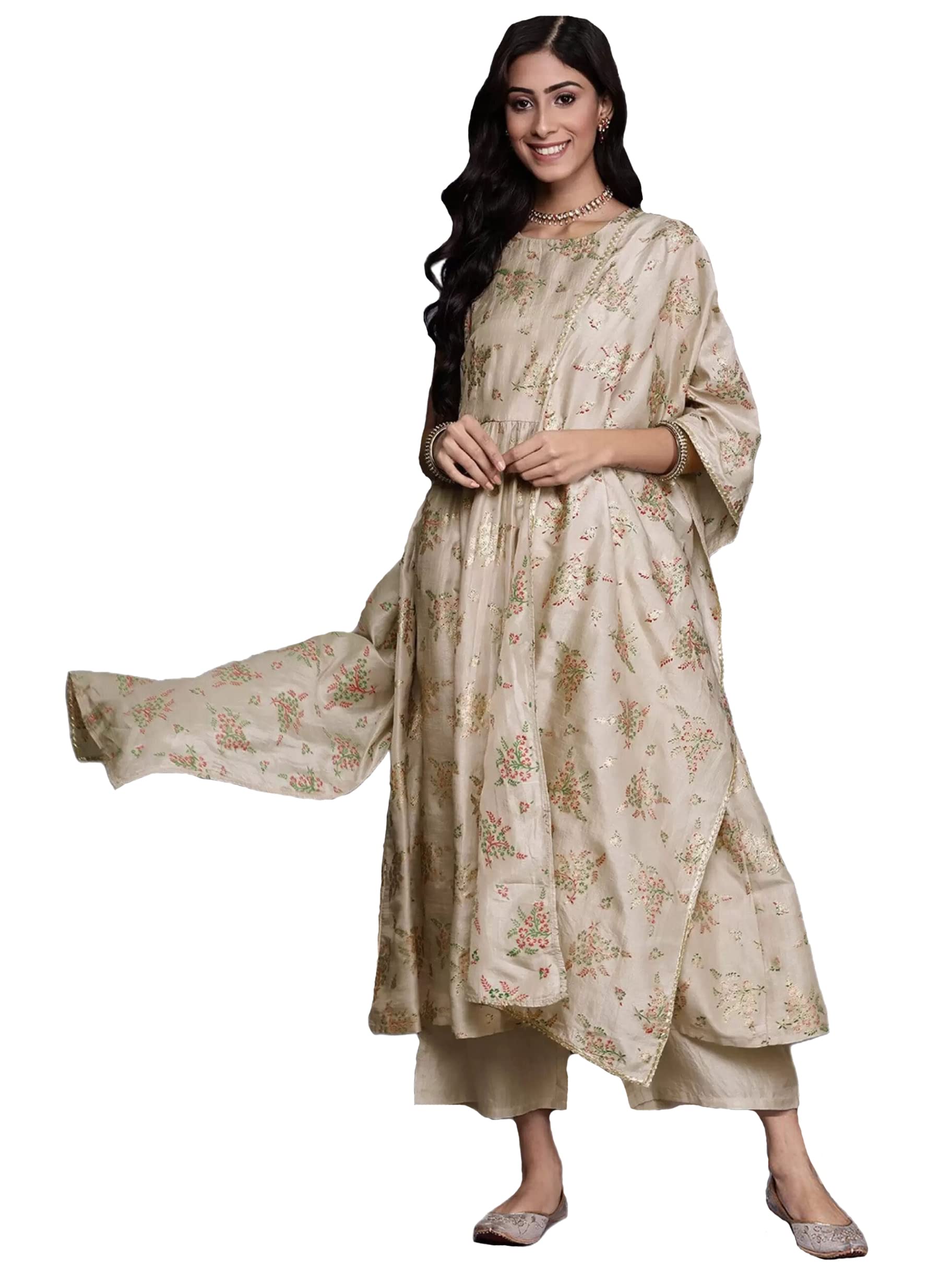 GoSriKi Women's Cotton Blend Floral Printed Anarkali Kurta with Palazzos & with Dupatta (Emozi-GS)