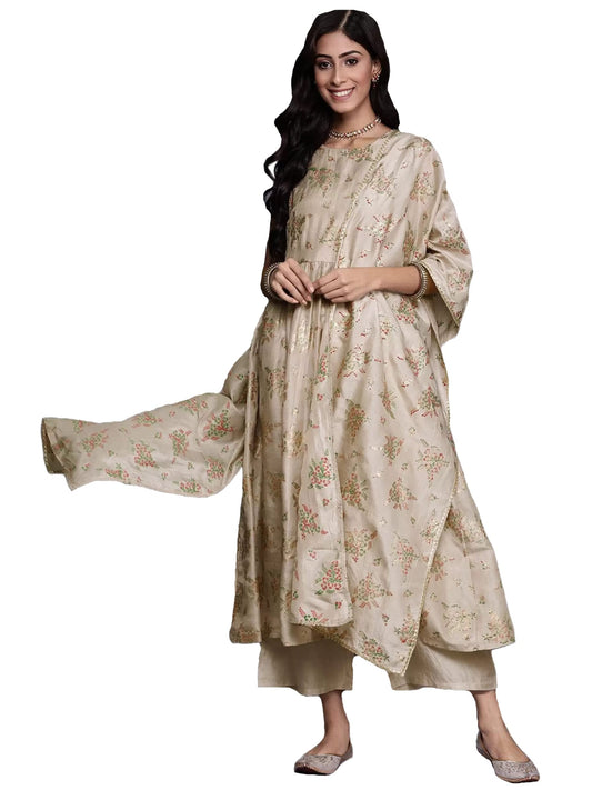 GoSriKi Women's Cotton Blend Floral Printed Anarkali Kurta with Palazzos & with Dupatta (Emozi-GS)
