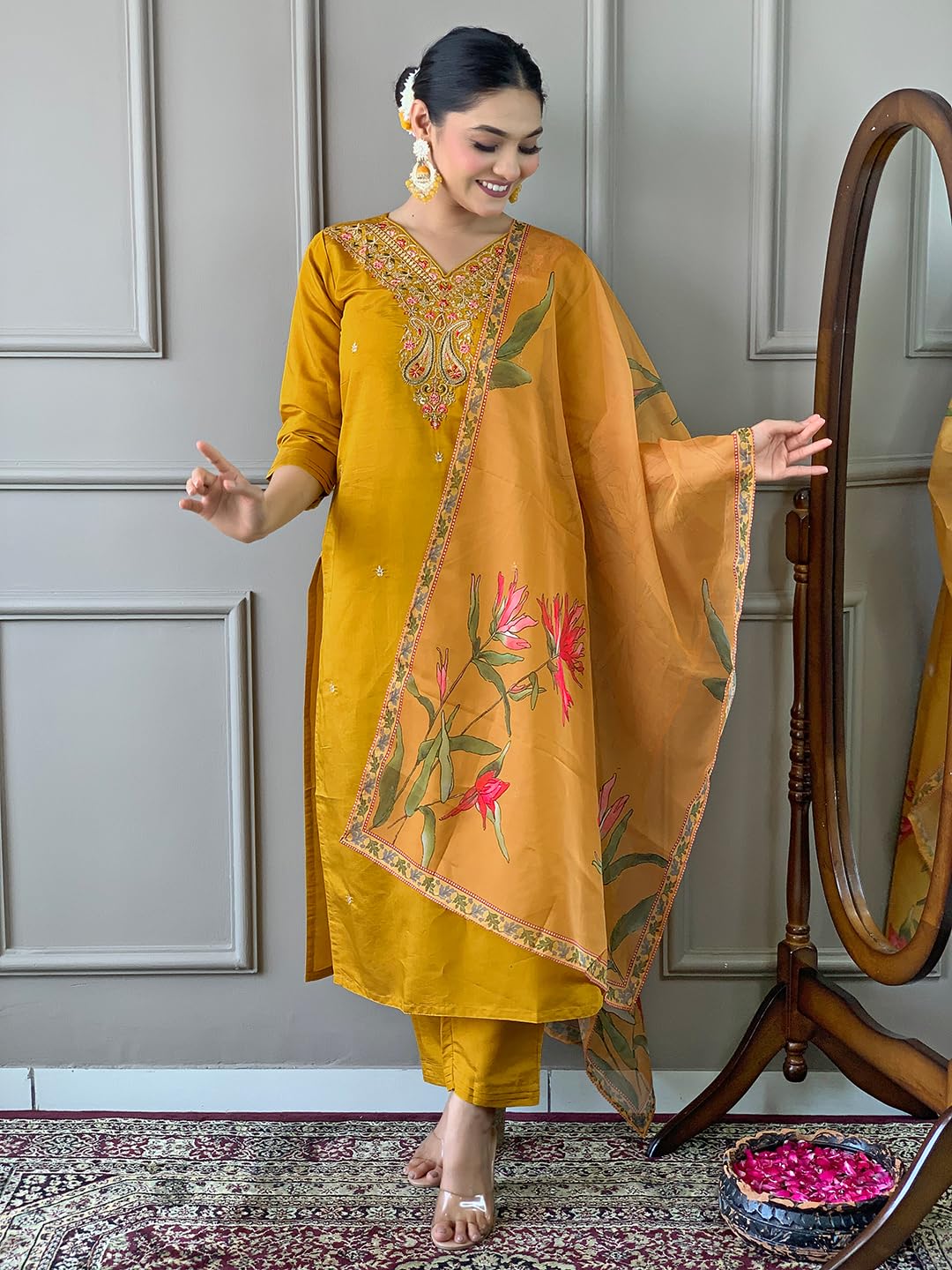 Naixa WomenS Mustard Viscose Silk Embroidered Straight Kurta With Viscose Silk Pant And Organza Printed Dupatta Sets (Nx-S-Gaur