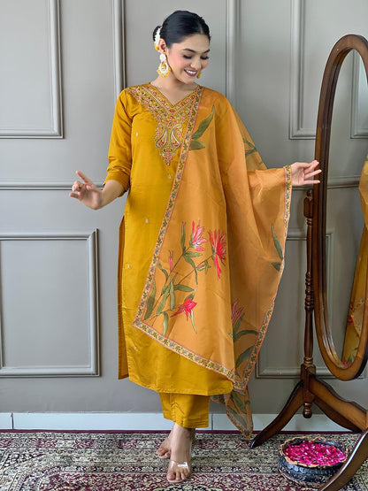 Naixa WomenS Mustard Viscose Silk Embroidered Straight Kurta With Viscose Silk Pant And Organza Printed Dupatta Sets (Nx-S-Gaur