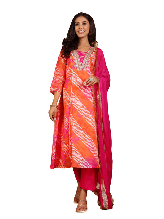 Varanga Leheriya Printed Gota & Zari Embelished Anarkali Kurta Paired with Bottom and Dupatta