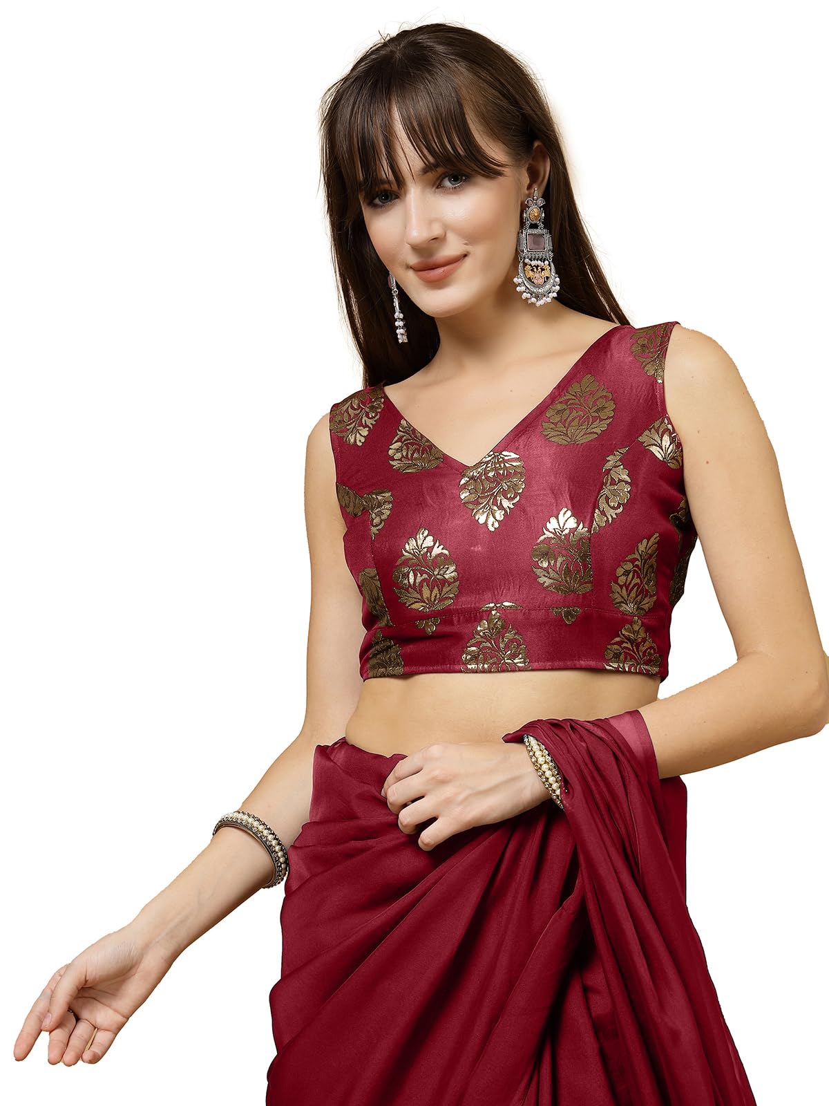 Oomph! WomenS Indian Ethnic Wear Designer Big Paisley Pattern Zari Work V Neck Sleeveless Indian Red Color Brocade Readymade Bl