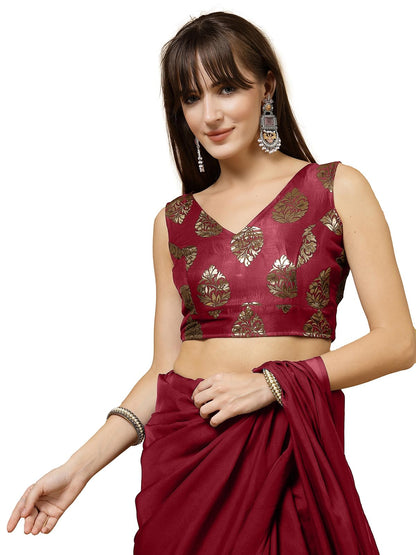 Oomph! WomenS Indian Ethnic Wear Designer Big Paisley Pattern Zari Work V Neck Sleeveless Indian Red Color Brocade Readymade Bl