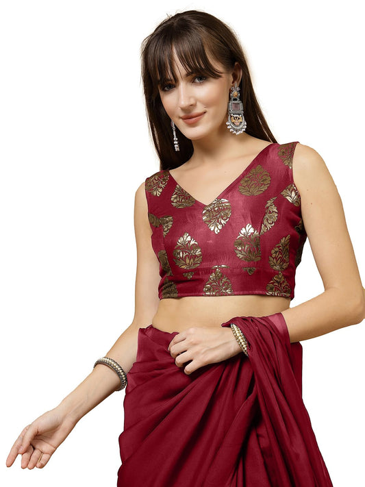 Oomph! WomenS Indian Ethnic Wear Designer Big Paisley Pattern Zari Work V Neck Sleeveless Indian Red Color Brocade Readymade Bl