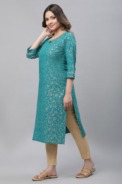Aurelia Green Foil Pattern Cotton Straight Long Kurta