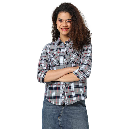 Campus Sutra Womens Grey Tartan Plaid Button Up Regular Fit Shirt for Casual Wear | Spread Collar | Long Sleeves | Cotton Shirt