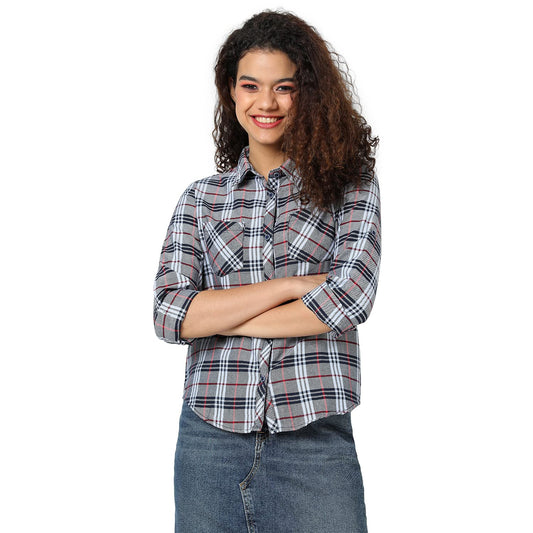 Campus Sutra Womens Grey Tartan Plaid Button Up Regular Fit Shirt for Casual Wear | Spread Collar | Long Sleeves | Cotton Shirt