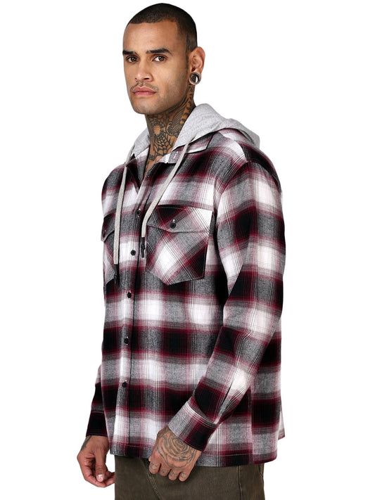 Bewakoof Mens Checked Oversized Fit Full Sleeve Hooded Cotton Twill Shirt_685443_Maroon_XL