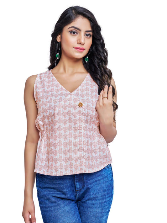 OM SAI LATEST CREATION Womens Floral Regular Fit Top (W2004_Beige