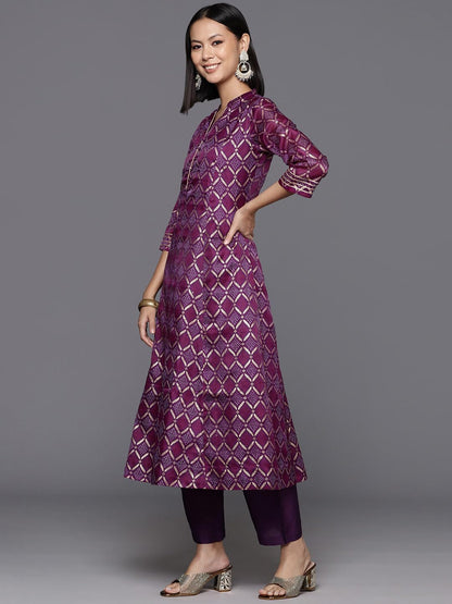 Varanga Women Purple Anarkali Kurta with Mandarin Collar and Three-Quarter Sleeves, Bandhani Print