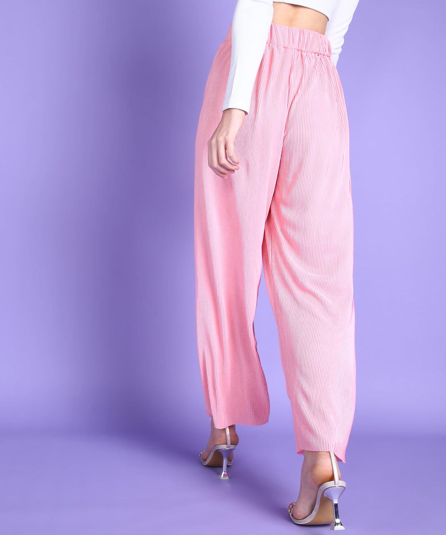 POPWINGS Casual Self Design Wrinkle Shimmer Trouser for Women || Pull On Trouser for Women || High Rise Loose Fit Women Trouser