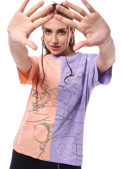 Bewakoof Air 1.0 Official Naruto Merchandise Anime Womens Color Block Oversized Fit Half Sleeve Round Neck Cotton Slub T-Shirt_