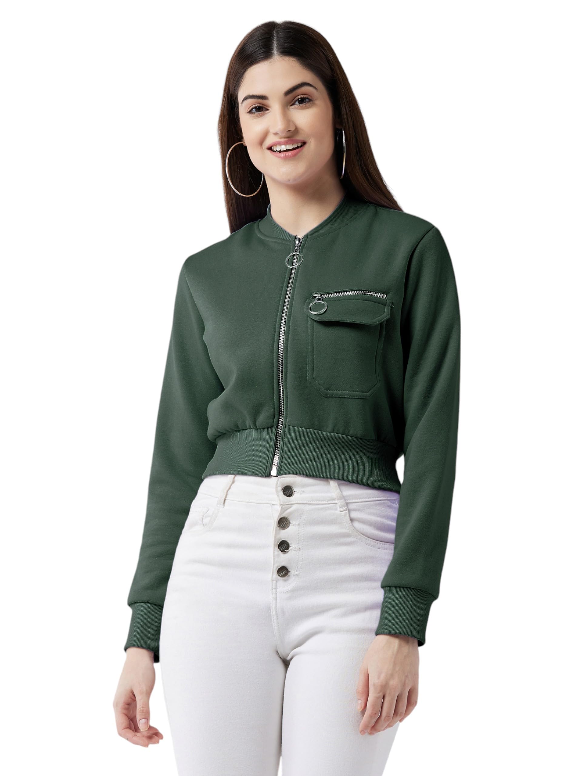 Miss Chase Womens Solid Round Neck Full Sleeve Crop Boxy/Bomber Jacket (MCAW24JKT03-62-48-06, Green, XL)