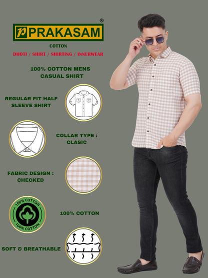 Mens Checkered Regular fit Cotton Casual Shirt Beige