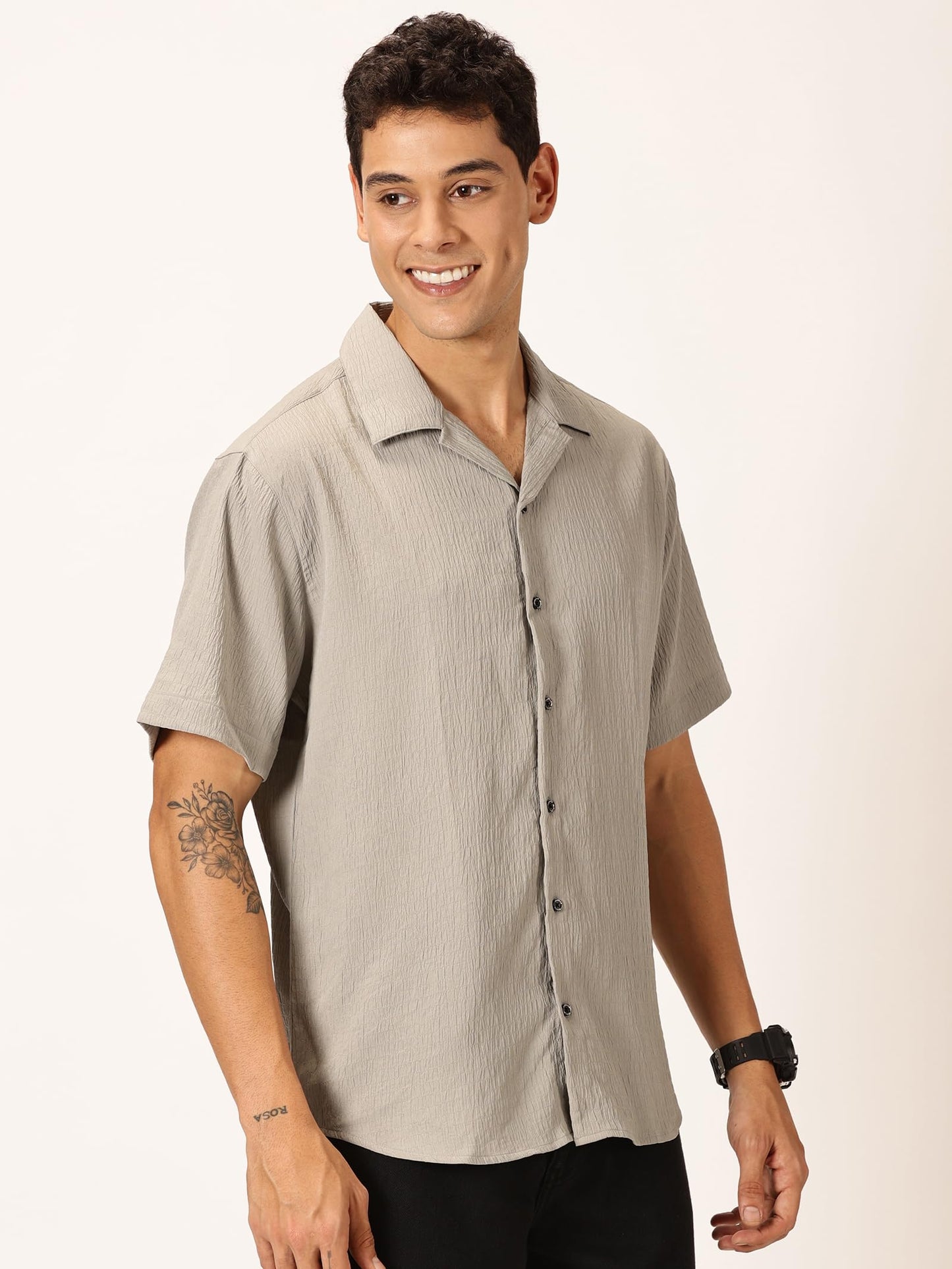 Thomas Scott Regular Fit Self Design Textured Cuban Collar Casual Shirt for Mens Grey