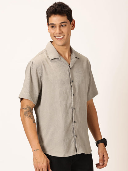 Thomas Scott Regular Fit Self Design Textured Cuban Collar Casual Shirt for Mens Grey