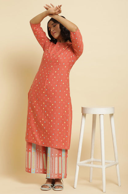 W For Woman Womens Cotton Geometric Kurta Set & Parallel Pant_22Fews16069-116579, Orange, X_Small