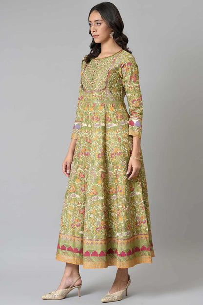 W Green Floral Printed Glitter Anarkali Kurta for Women