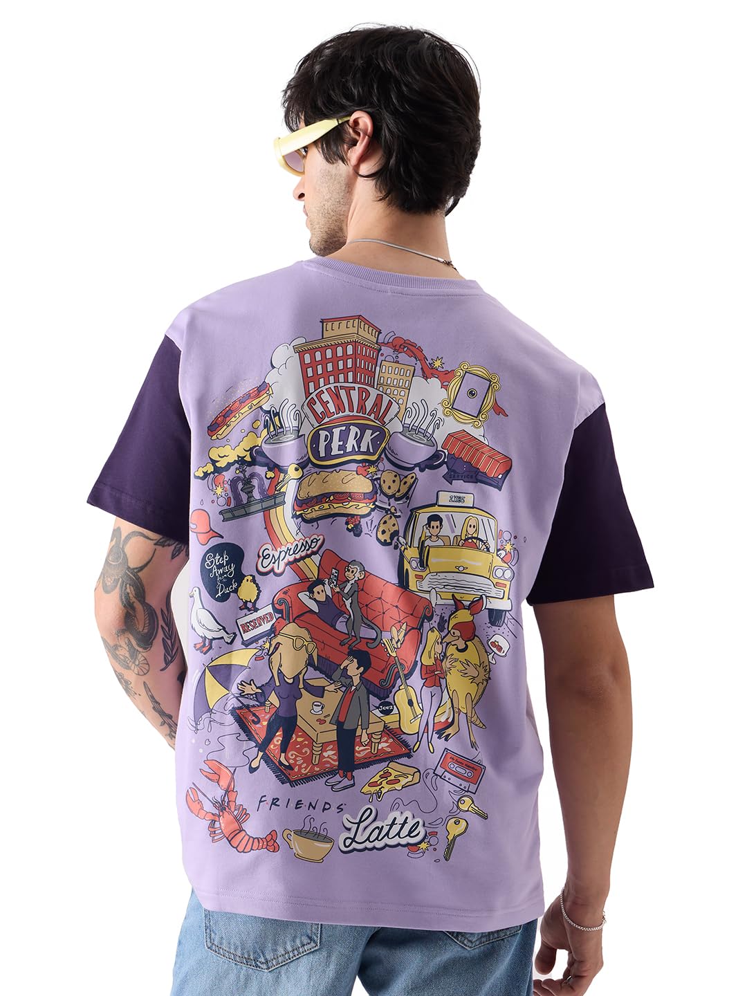 The Souled Store Official F.R.I.E.N.D.S: Doodle FusionTalent Men and Boys Regular Fit Half Sleeve Graphic Printed Cotton Purple