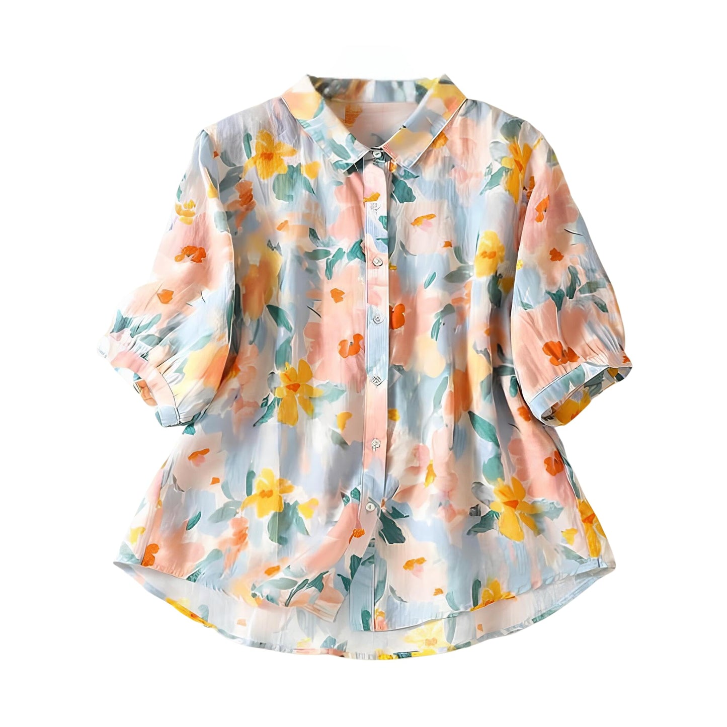 Gufrina WomenS Peach Floral Printed Button-Down Shirt With Collar Neck And Half Sleeves | Lightweight Relaxed Fit Shirt For Cas