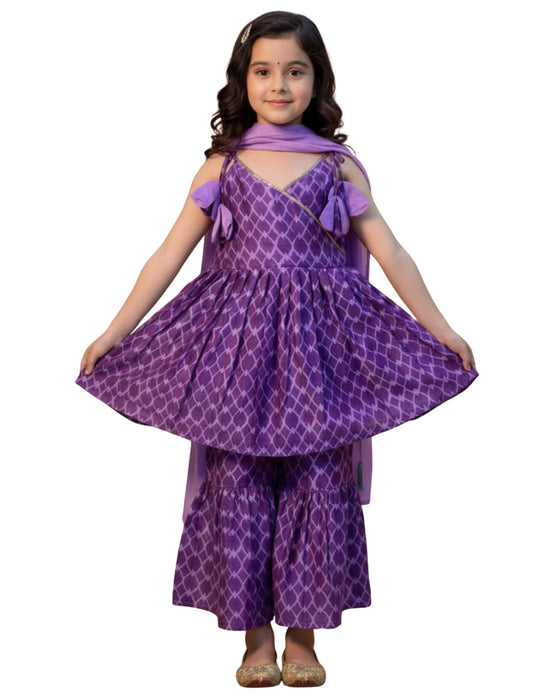 Naixa Girls Purple Rayon V Neck Sleeveless Checked Printed Kurta And Sharara With Dupatta Set | Latest Checked Designer Printed