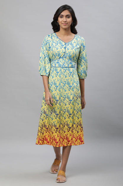 Aurelia Yellow Leaf Print Midi Dress For Women