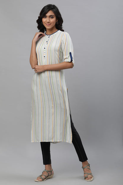 Aurelia Women's White Geometric Yarn Dyed Viscose Straight Kurta