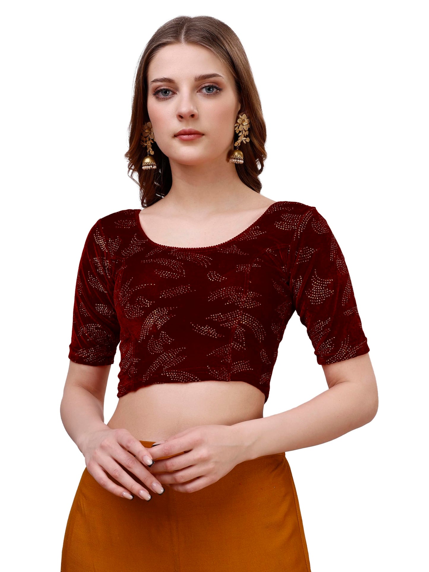 Vihu Fashion Womens Readymade Hosiery Velvet Lycra Stretchable Round Neck Half Sleeve Blouse Fancy Maroon Color Lycra Stretchab