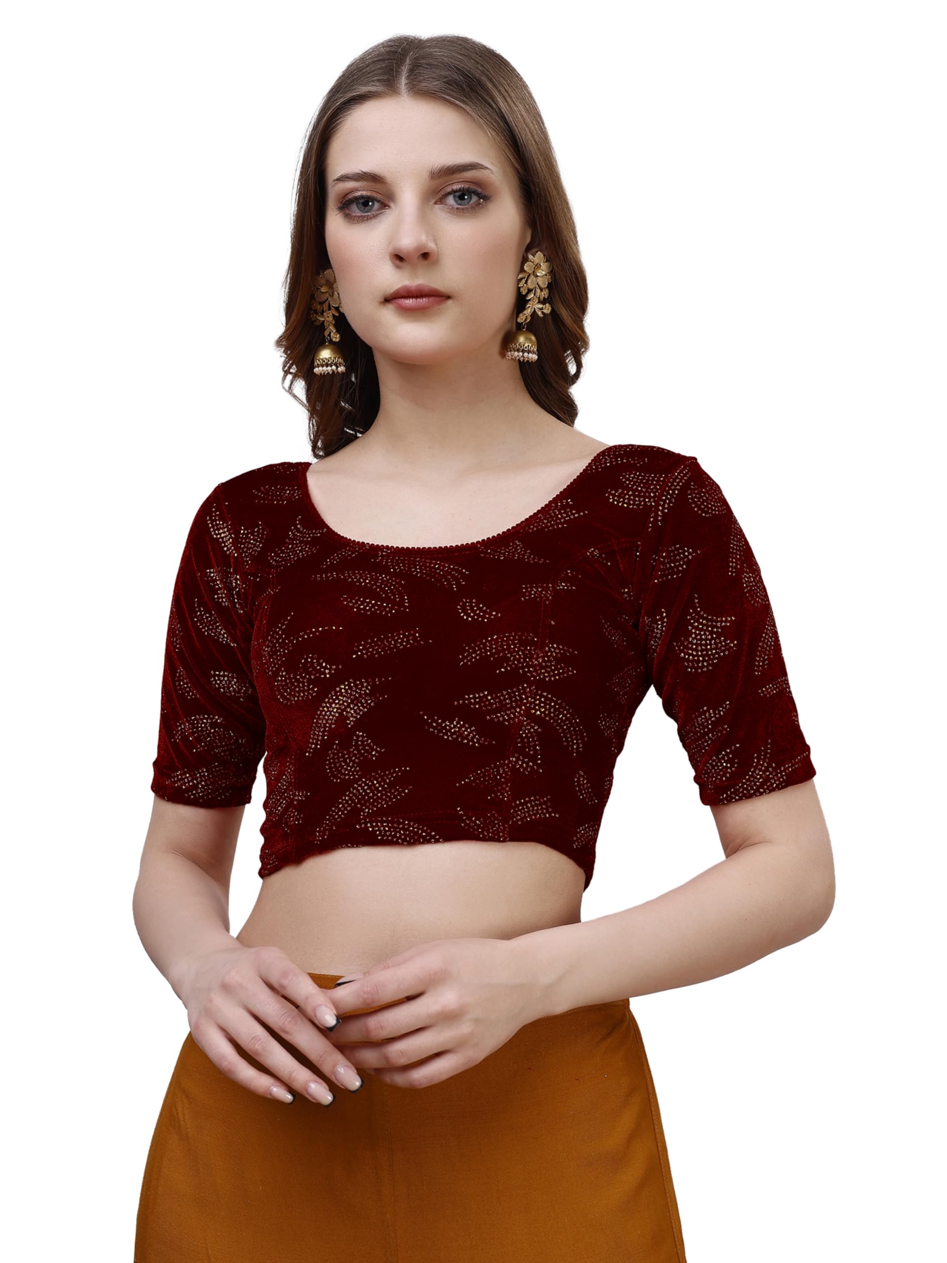 Vihu Fashion Womens Readymade Hosiery Velvet Lycra Stretchable Round Neck Half Sleeve Blouse Fancy Maroon Color Lycra Stretchab