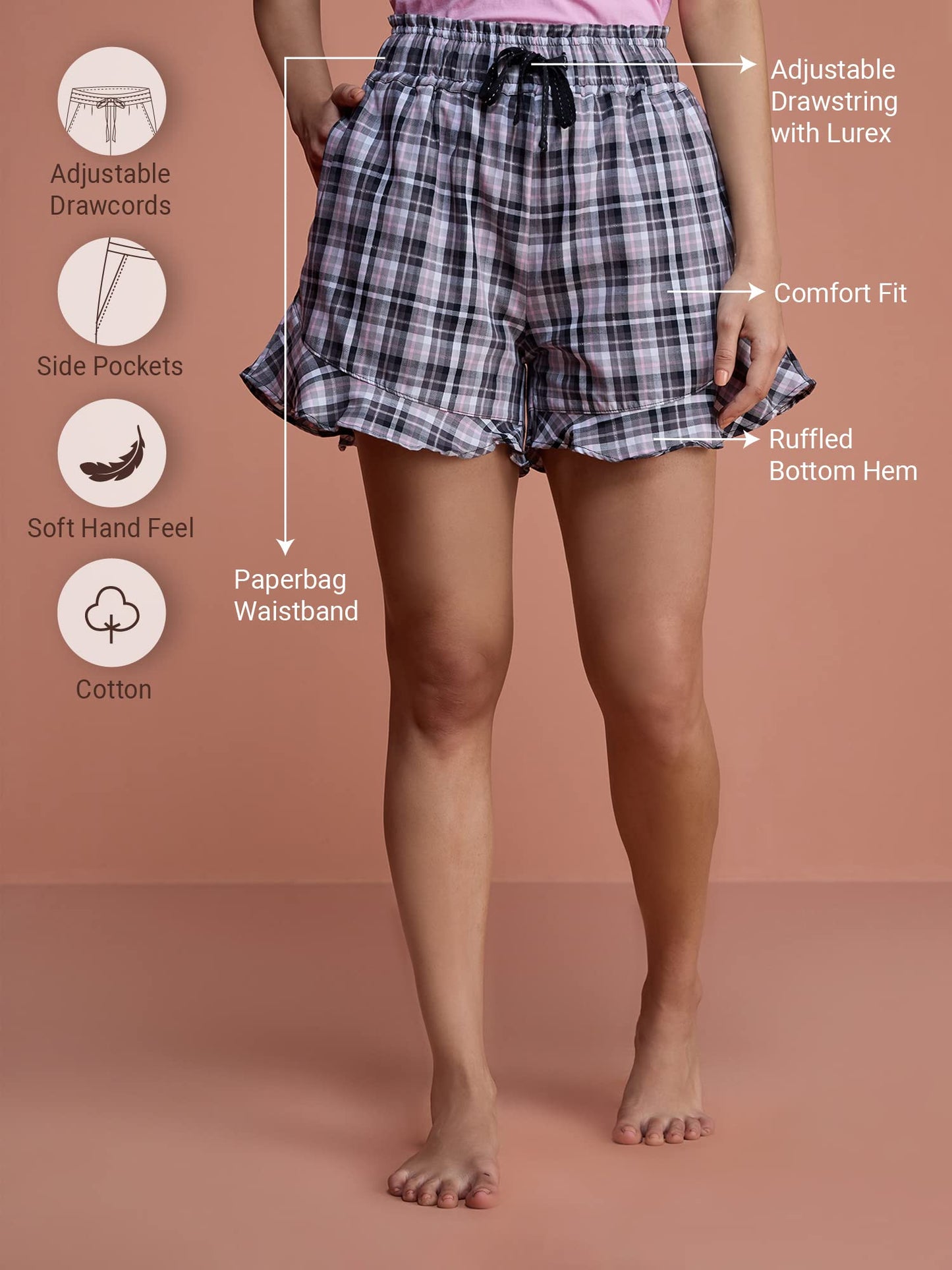 Nykd (Nys131 Cotton Plaid Relaxed Fit Shorts For Women | Comfortable Shorts With Adjustable Drawstring Waistband & 2 Side Pocket