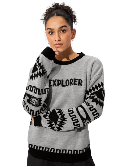 The Souled Store Official Peanuts : Explorer Cable Knit Women Oversized Sweater Grey