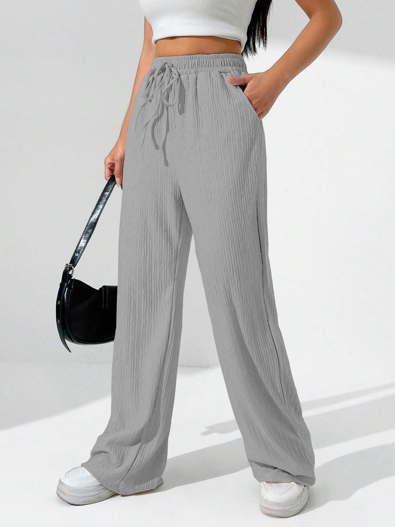 Sugathari Womens Light Grey Loose Wide-Leg Pants with Textured Wrinkled Fabric and Drawstring Waist Long Trousers (Trouser 157