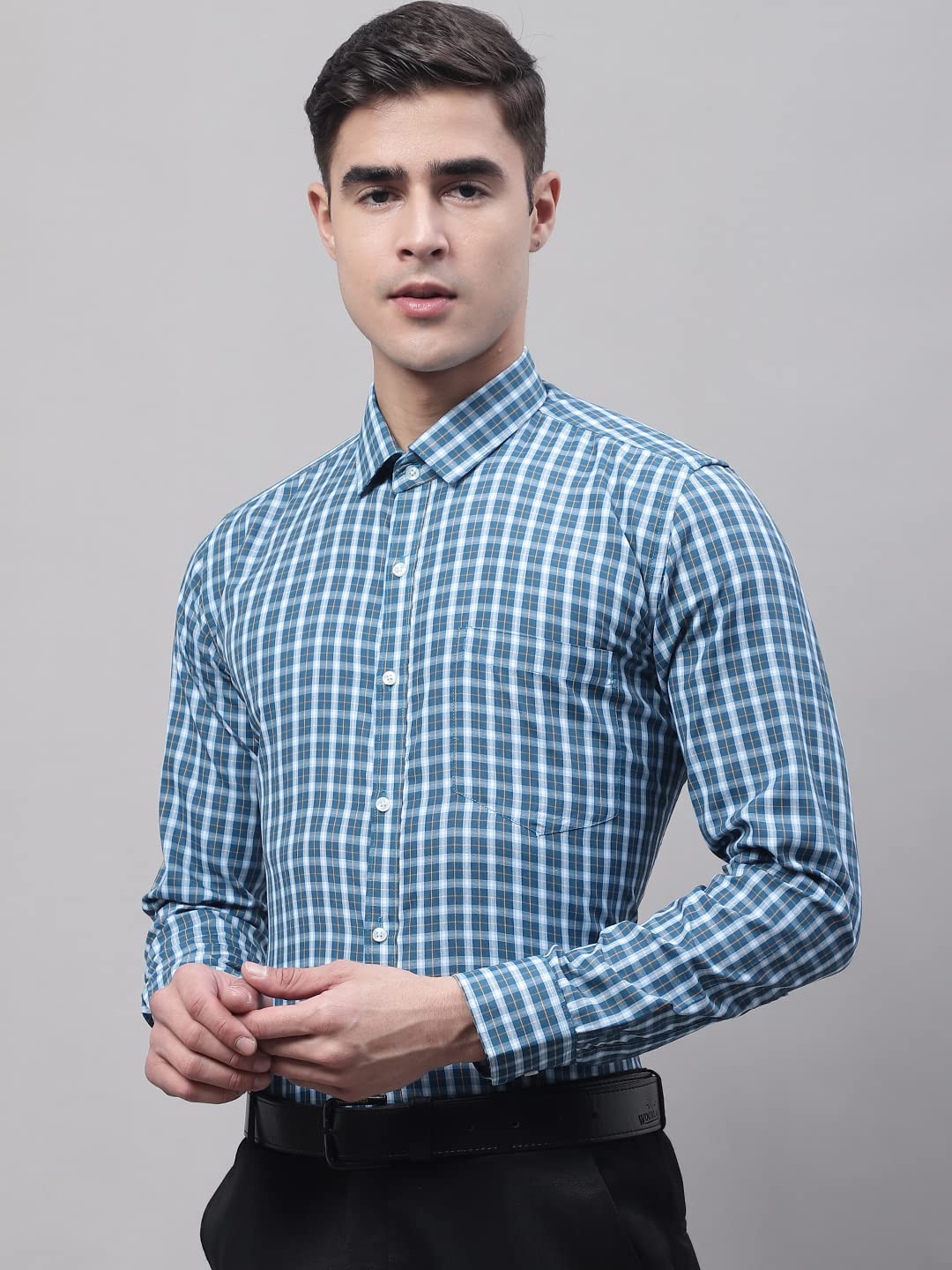 Style Quotient Men Blue and White Checked Polycotton Slim Fit Formal Shirt