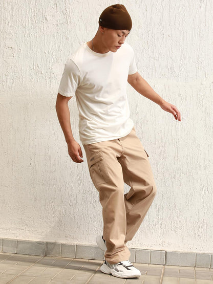 Hubberholme Men Taupe Cotton Loose Fit Mid-Rise Trousers