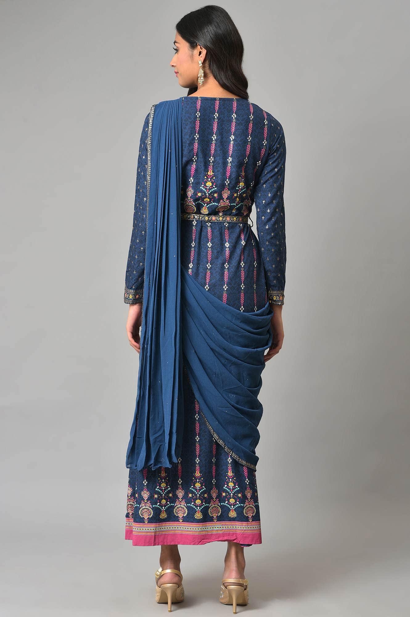 W For Woman Dark Blue Ethnic Motif Stylised Dress with Sequins