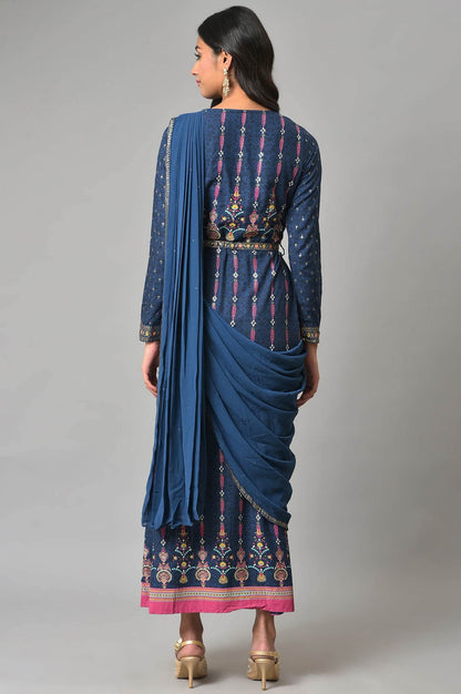 W For Woman Dark Blue Ethnic Motif Stylised Dress with Sequins