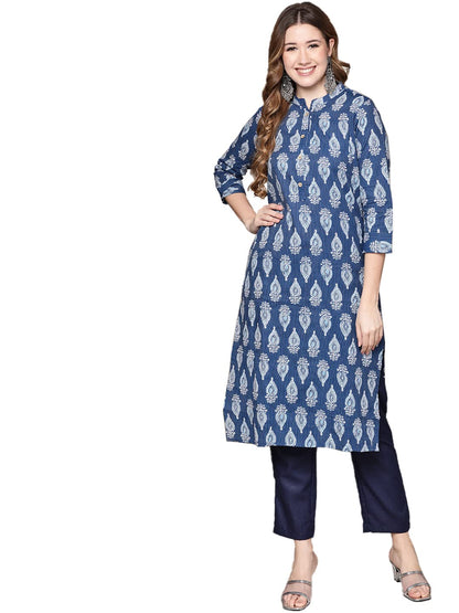 anubhutee Women Blue Ethnic Motifs Printed Woven Design Pure Cotton Kurta with Trousers