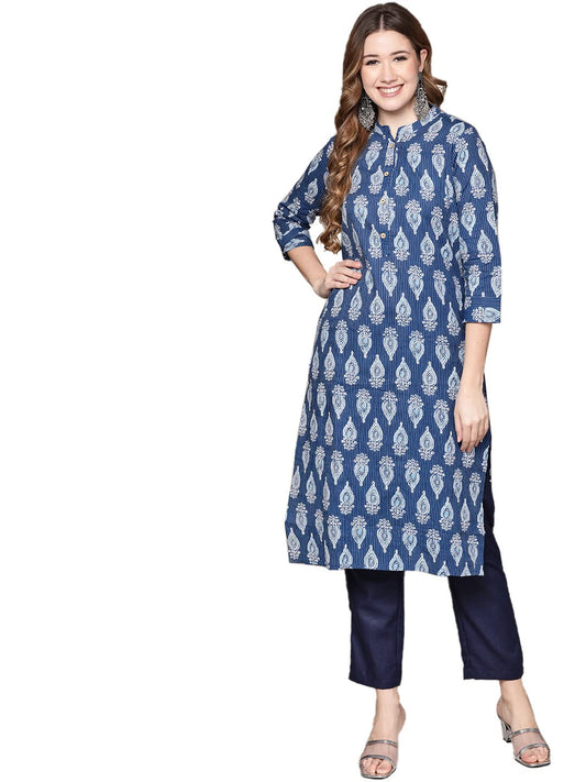 anubhutee Women Blue Ethnic Motifs Printed Woven Design Pure Cotton Kurta with Trousers