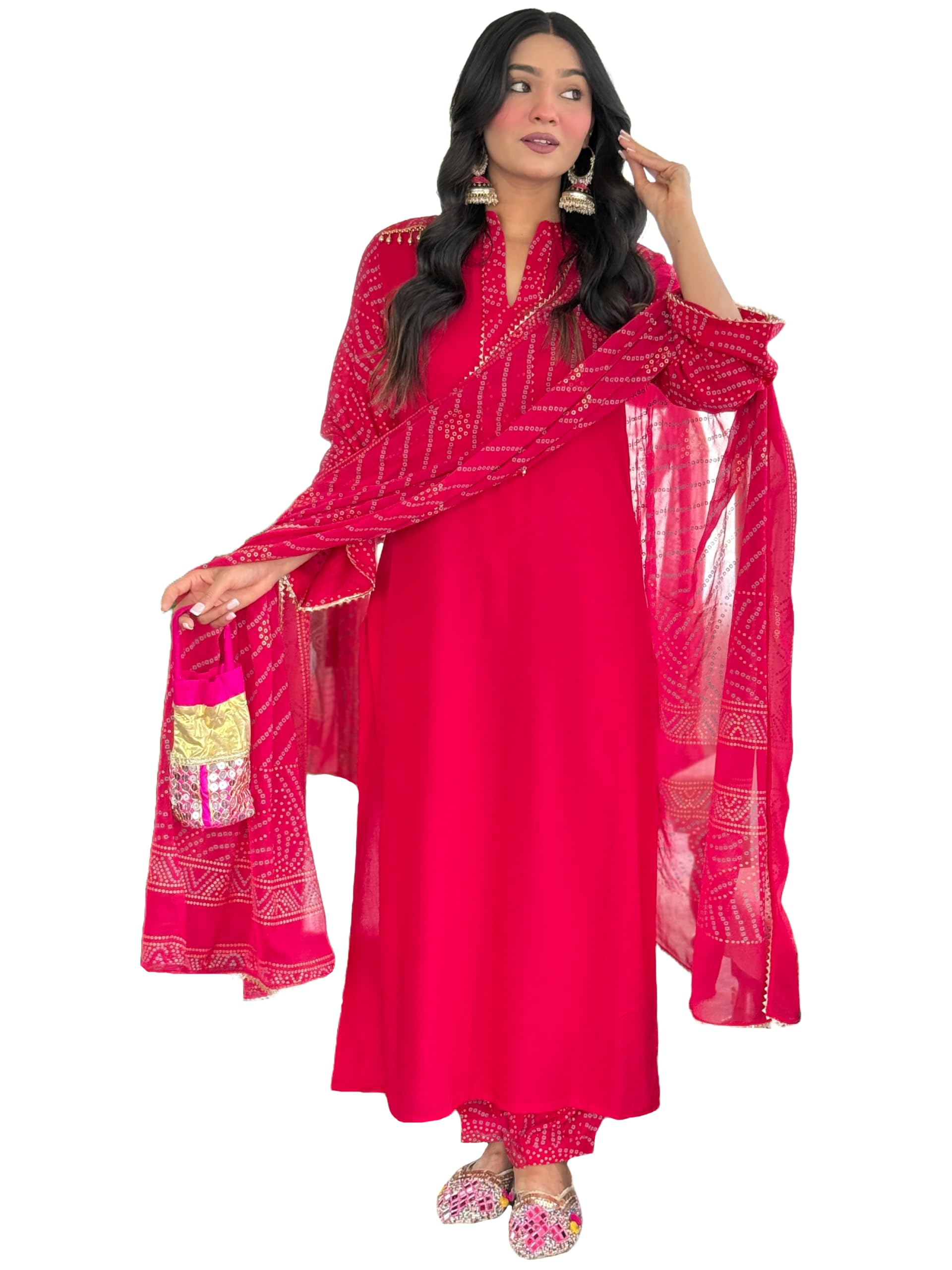 ANNI DESIGNER Women s viscose Kurta Bandhej with trousers and dupatta, Pink, L