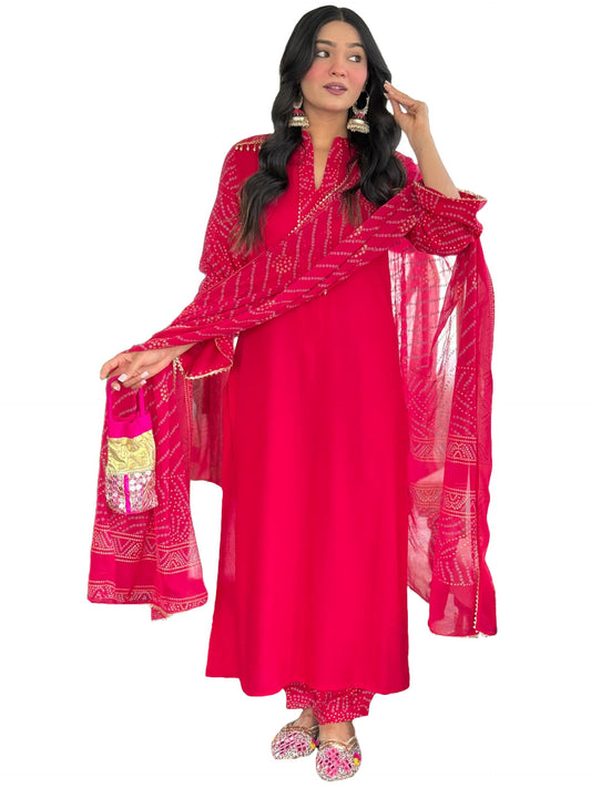 ANNI DESIGNER Women s viscose Kurta Bandhej with trousers and dupatta, Pink, L