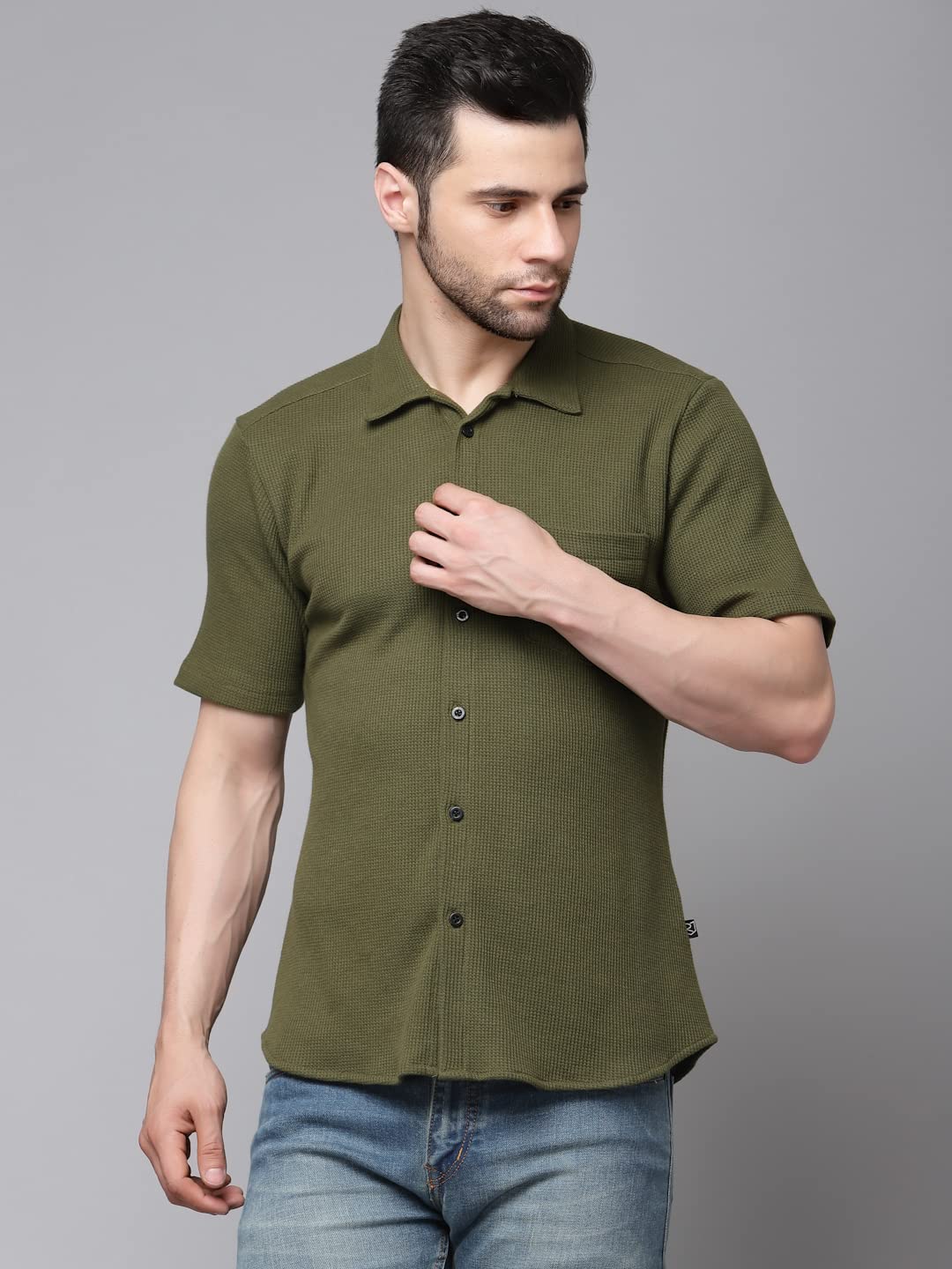 Rigo Waffle Knit Self-Textured Slim Fit Shirt for Mens | Half Sleeve Shirt for Men | Summer Shirts for Men Olive