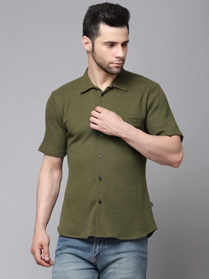 Rigo Waffle Knit Self-Textured Slim Fit Shirt for Mens | Half Sleeve Shirt for Men | Summer Shirts for Men Olive