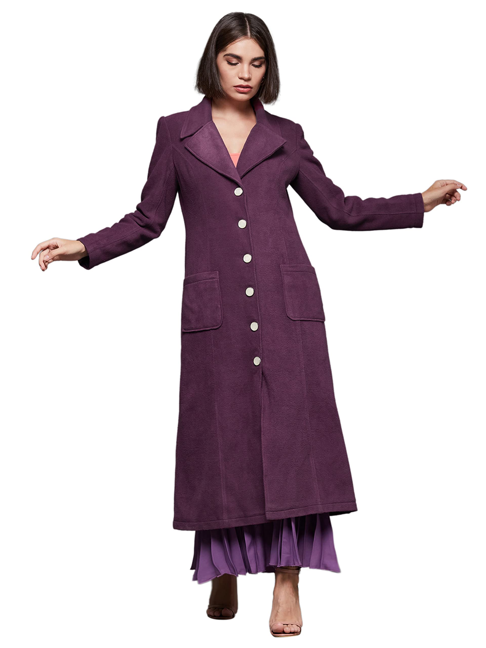 Miss Chase Womens Dark Mauve Solid V-Neck Full Sleeves Patched Pocket Polyester Button Down Jacket(MCAW22JKT03-45-255-06, Dark 