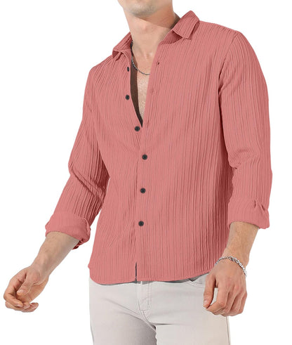 Finivo Fashion MenS Cotton Casual Striped Button Down Shirts Long Sleeve Textured Summer Beach Shirt For Men Peach